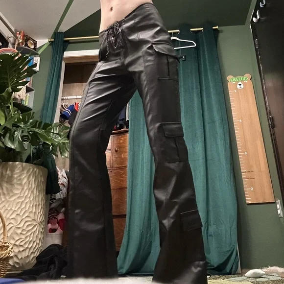 Club Exx Groundwork Cargo Flare Vegan Leather Lace-Up Low Rise Pants DollsKill - Picture 4 of 14